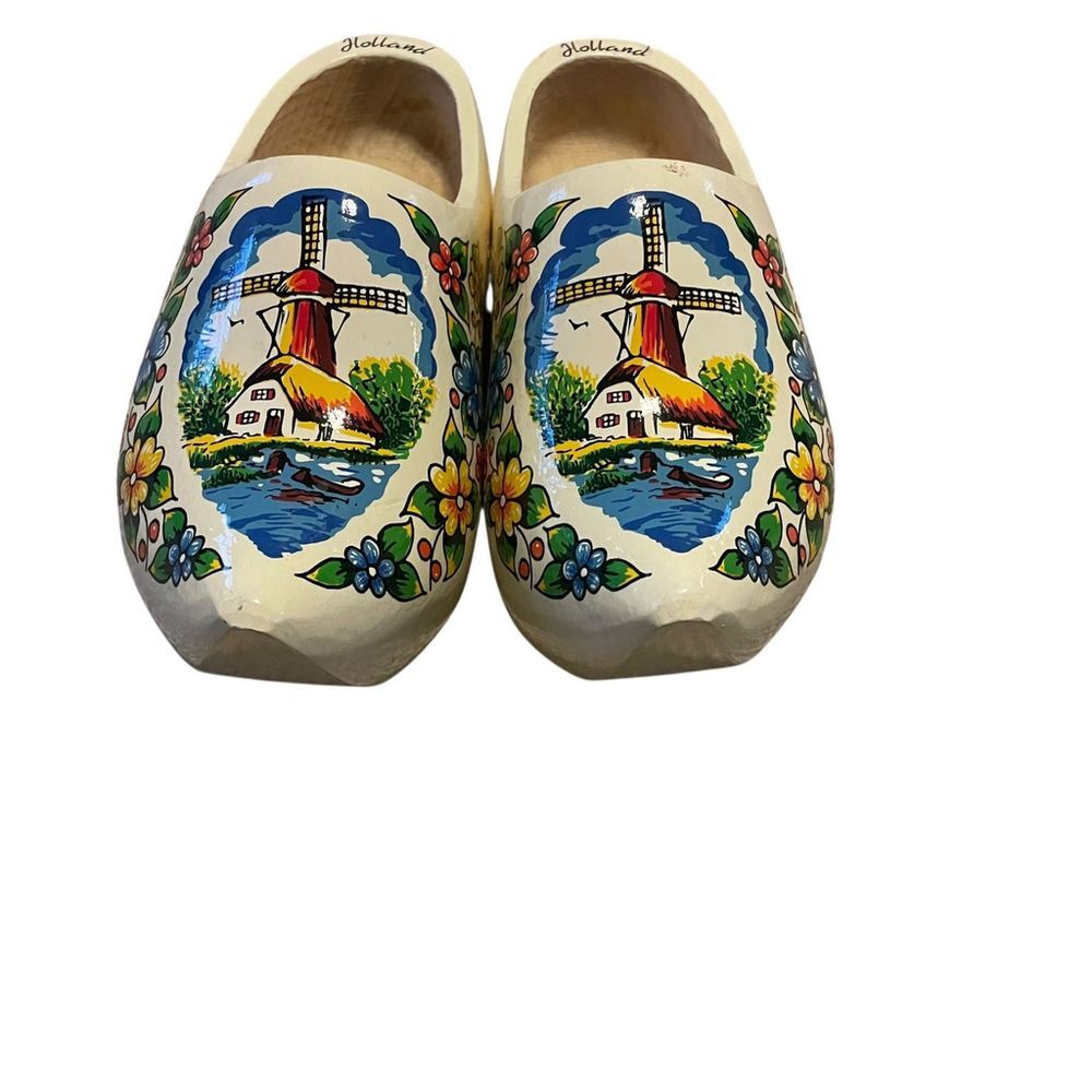 Dutch Wooden Clogs Holland Hand Painted Pair Windmill Floral Decor Collectible